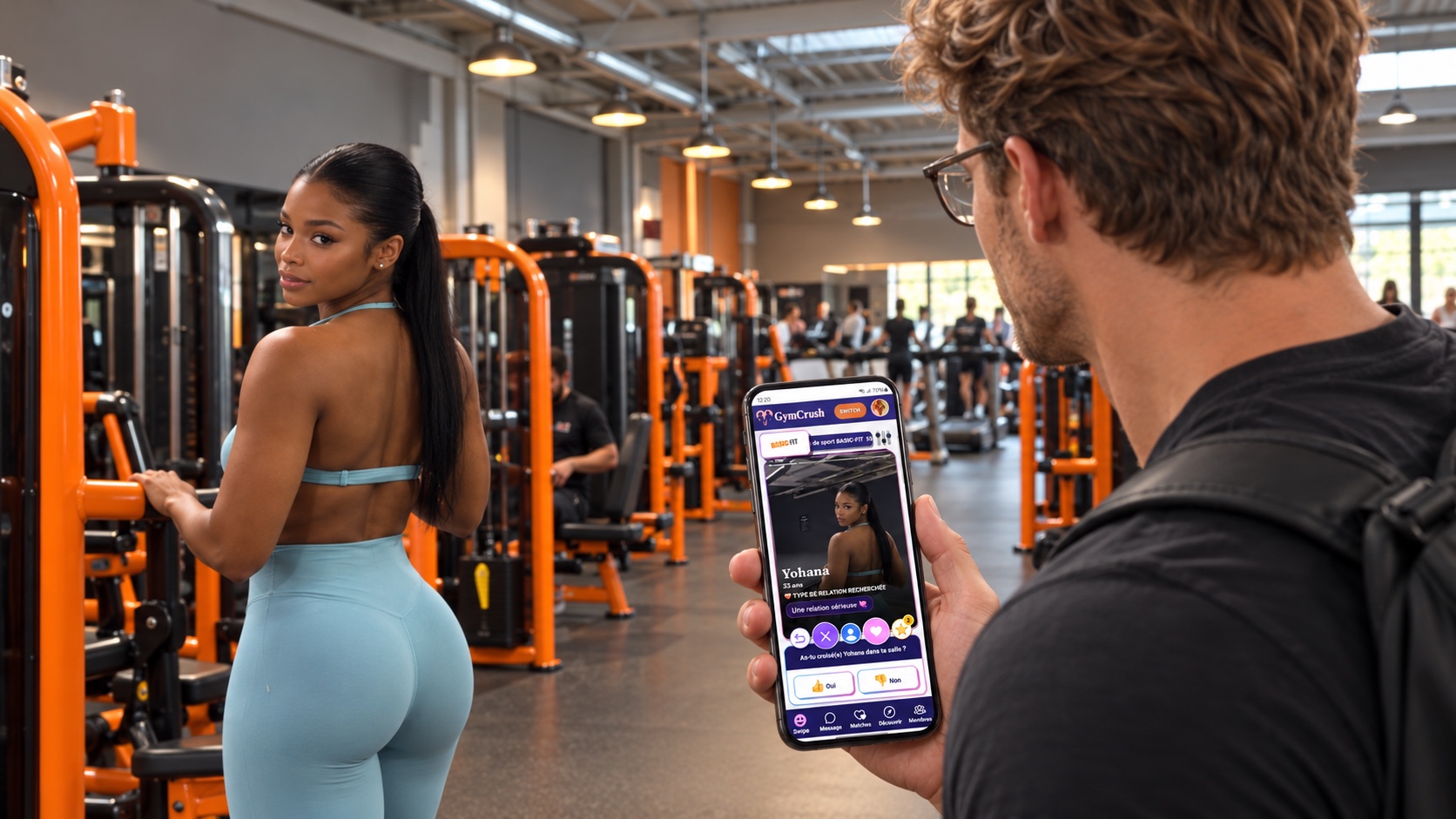 Dans une salle de sport, un homme tient son téléphone ouvert sur le profil GymCrush de Yohana, qui se retourne vers lui quelques mètres plus loin.
