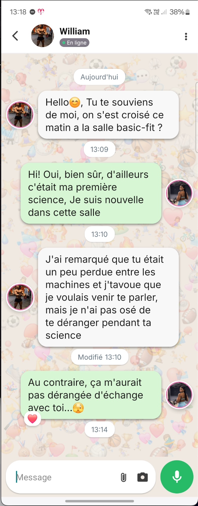 Conversation entre deux membres qui se sont croisés à la salle.
