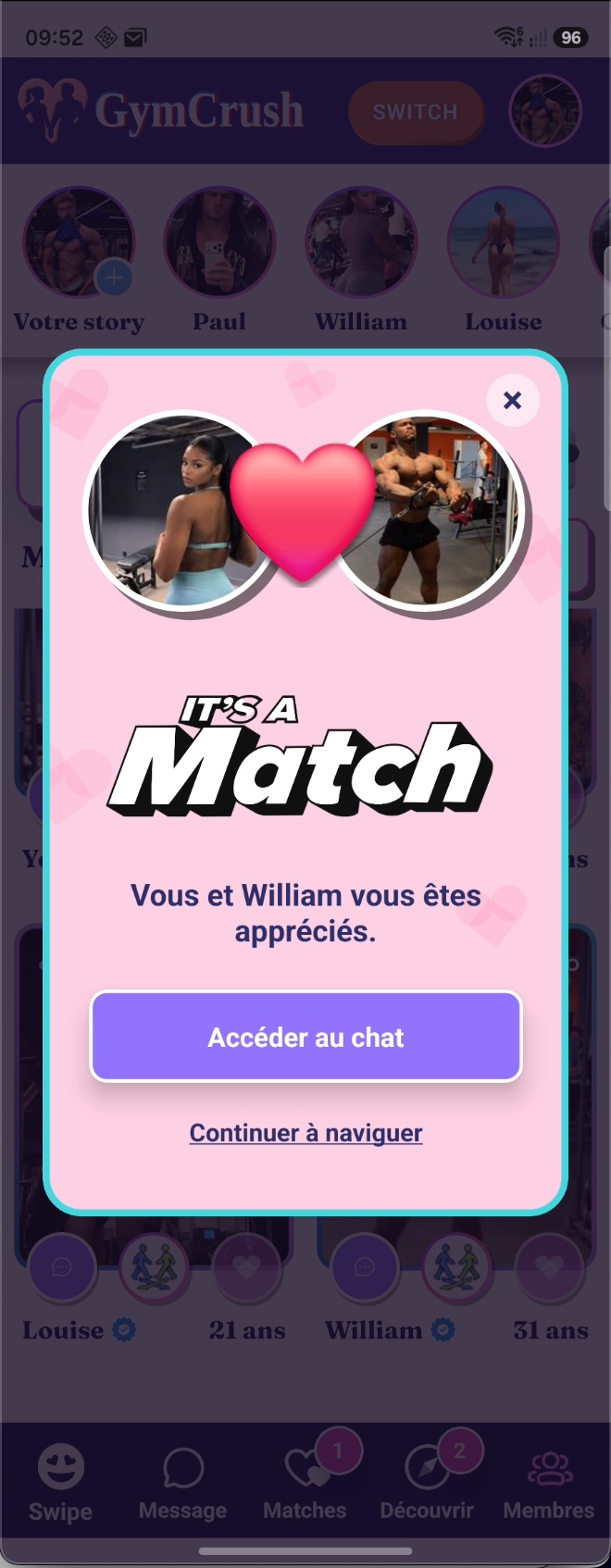 Fenêtre « It's a Match » entre deux membres.