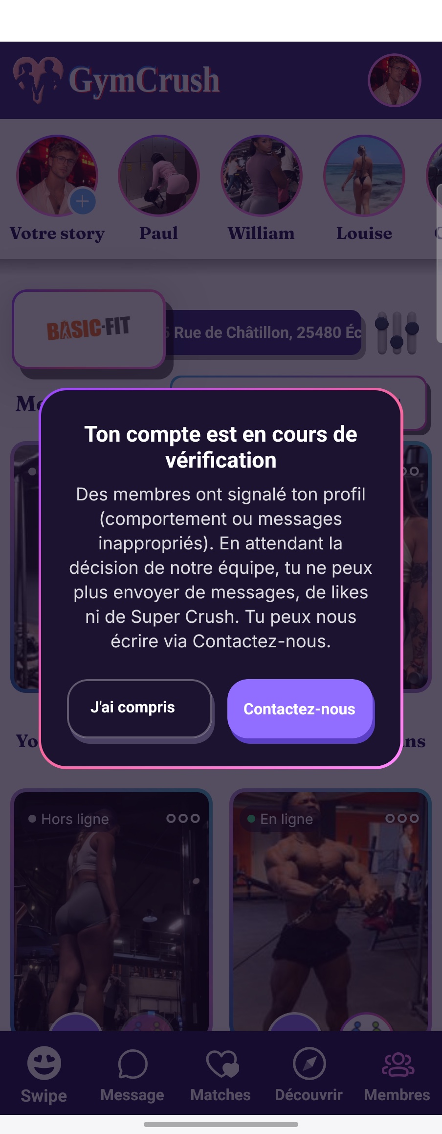 Fenêtre « Ton compte est en cours de vérification » : après des signalements, messages, likes et Super Crush sont suspendus en attendant la décision de l'équipe.