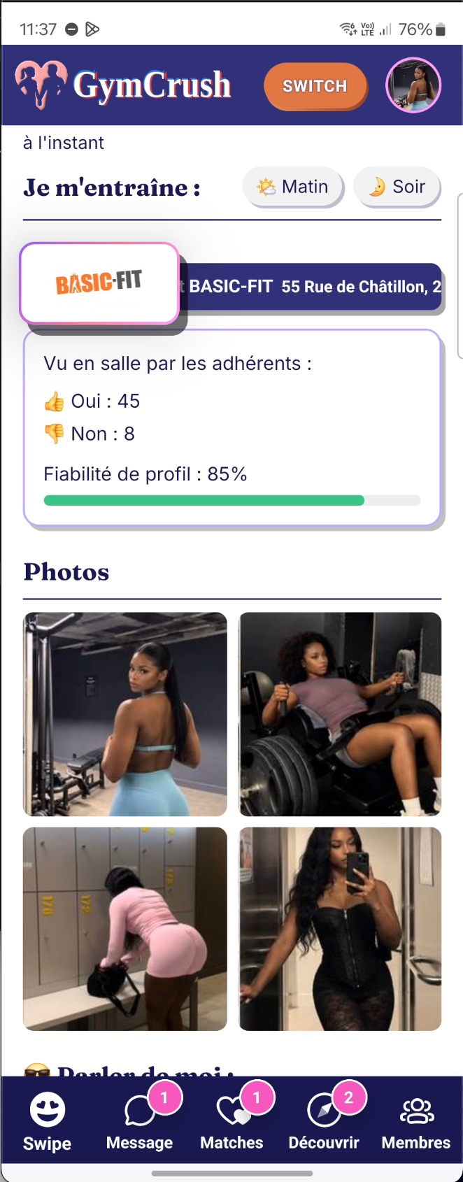 Profil : créneaux Matin et Soir, salle et adresse, votes Oui 45 et Non 8, fiabilité du profil 85 %.