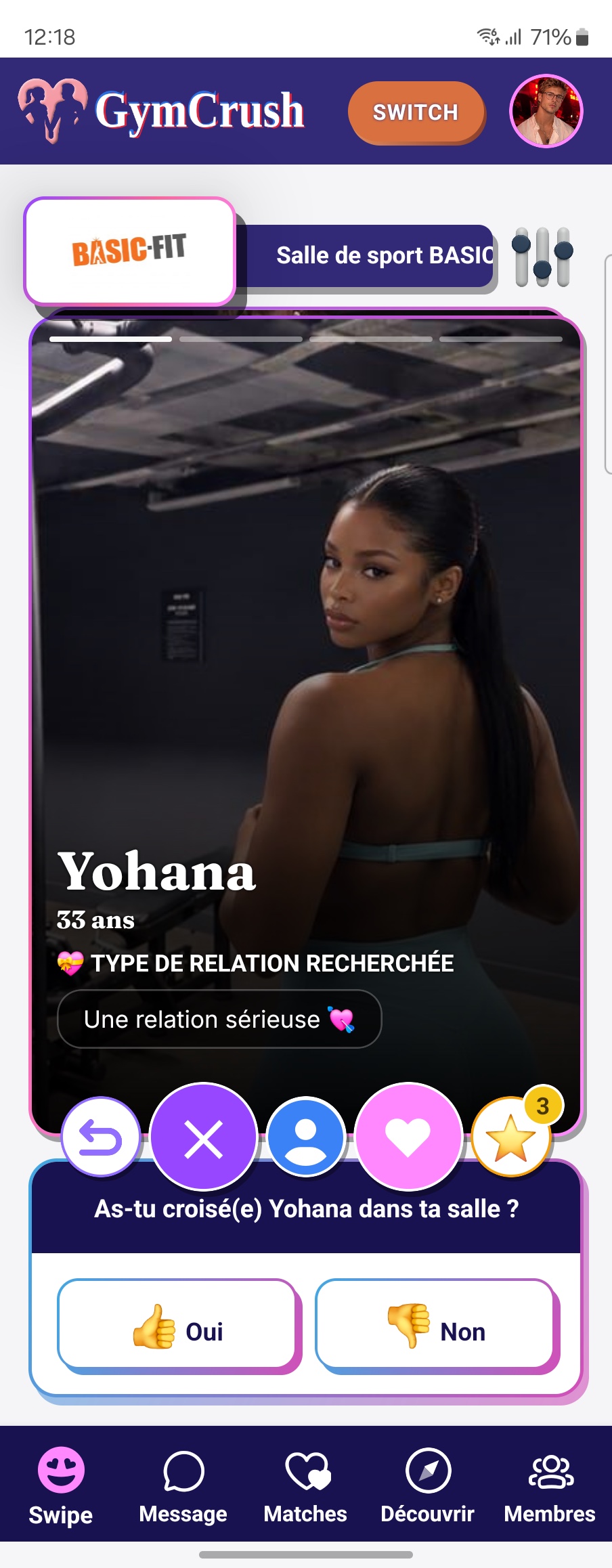 Écran Swipe : profil de Yohana, 33 ans, avec la question « As-tu croisé(e) Yohana dans ta salle&nbsp;? ».