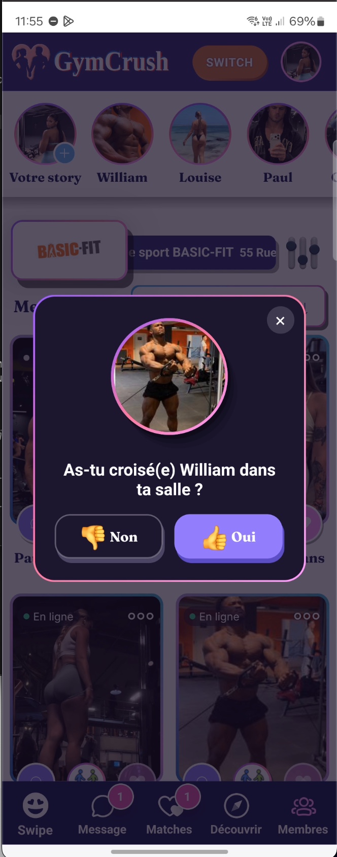 Fenêtre de l'app : « As-tu croisé(e) William dans ta salle&nbsp;? » avec les boutons Non et Oui.